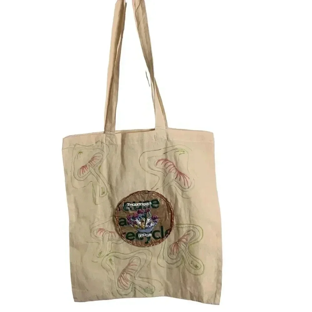 Handmade Embroidered Mushroom Market Tote Bag Fantastic Fungi Up cycle Mycelium